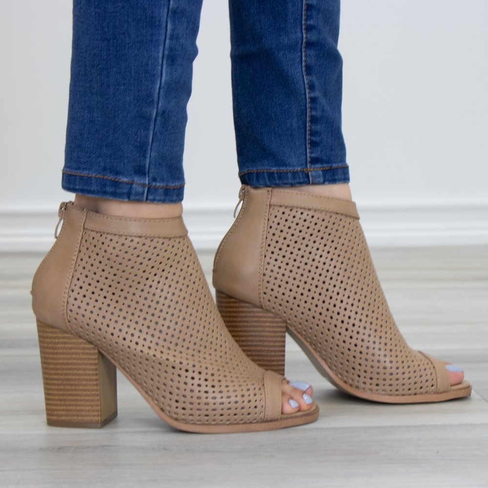 Taupe Perforated Heeled Open Toe Ankle Boots - Picture 8 of 9